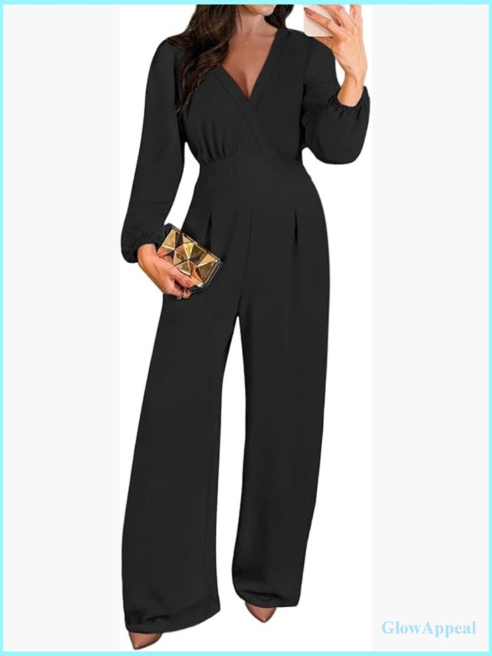 Dressy Long Sleeve V Neck Wide Leg Jumpsuit Business Casual Party Outfits